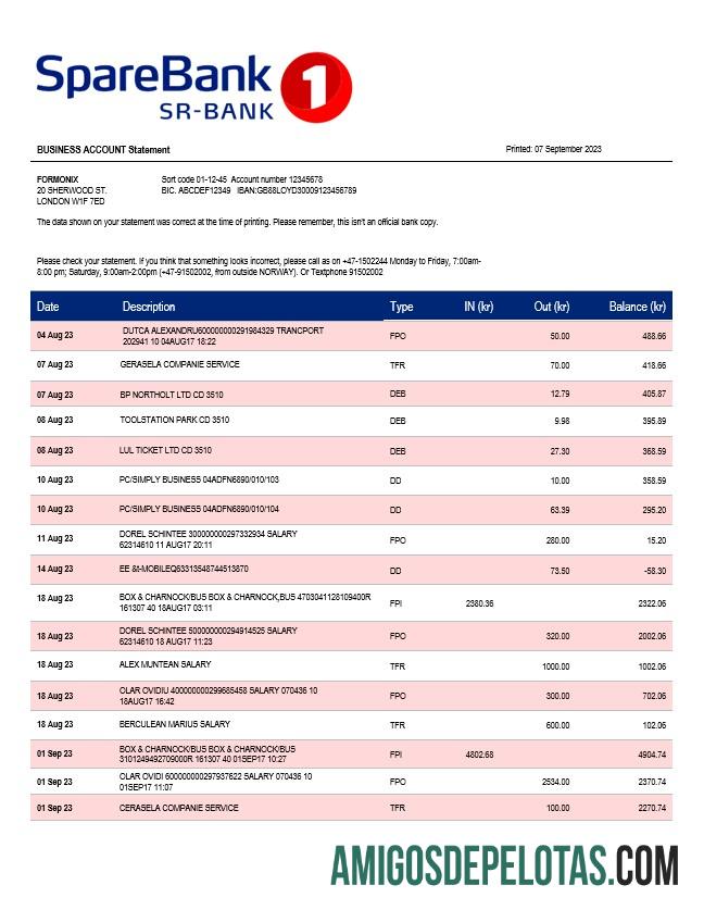 Em branco Sparebank 1 Sr B Enterprise modelo de extrato de conta Word e PDF